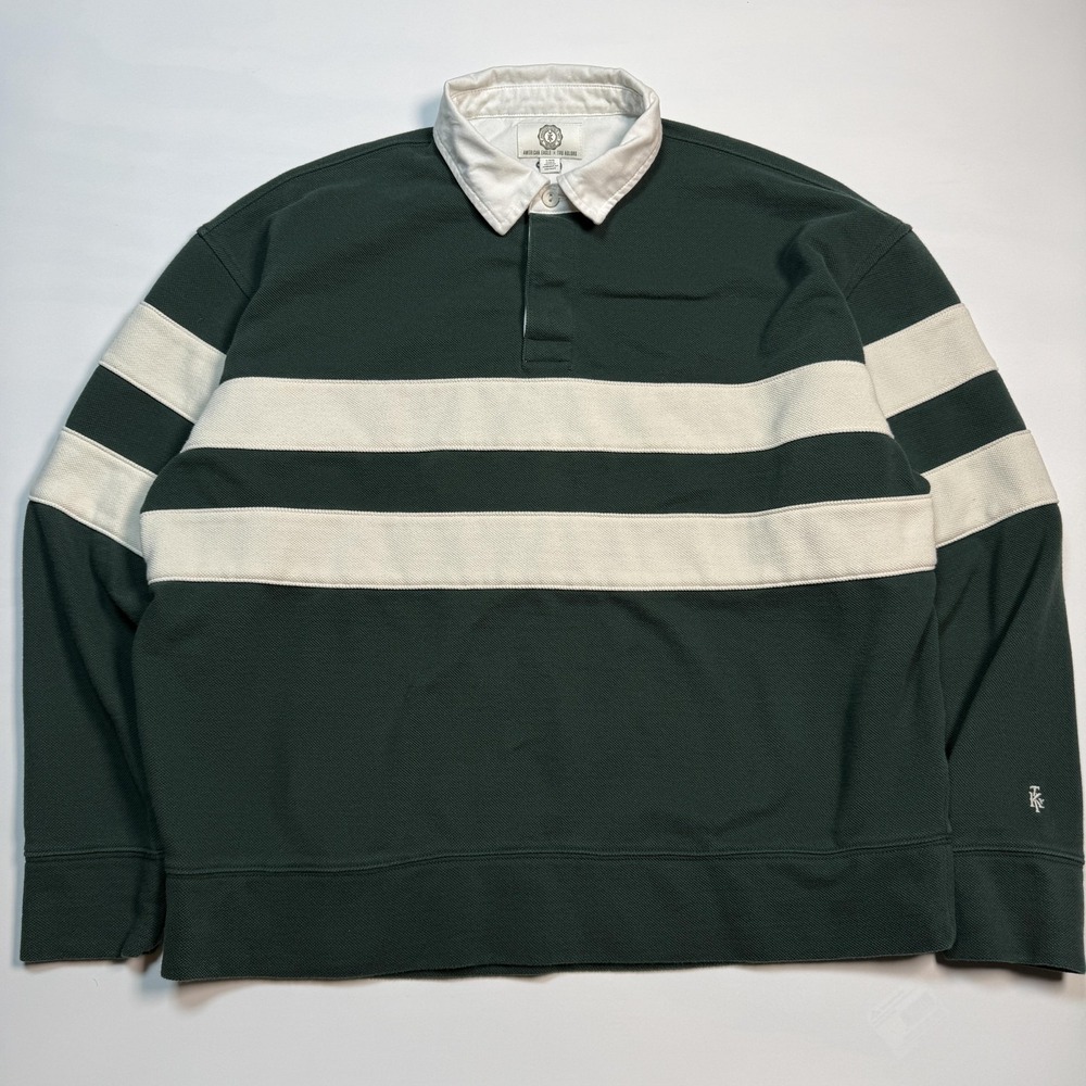 American Eagle X Tru Kolors Rugby Polo Shirt Mens Large Green White Striped